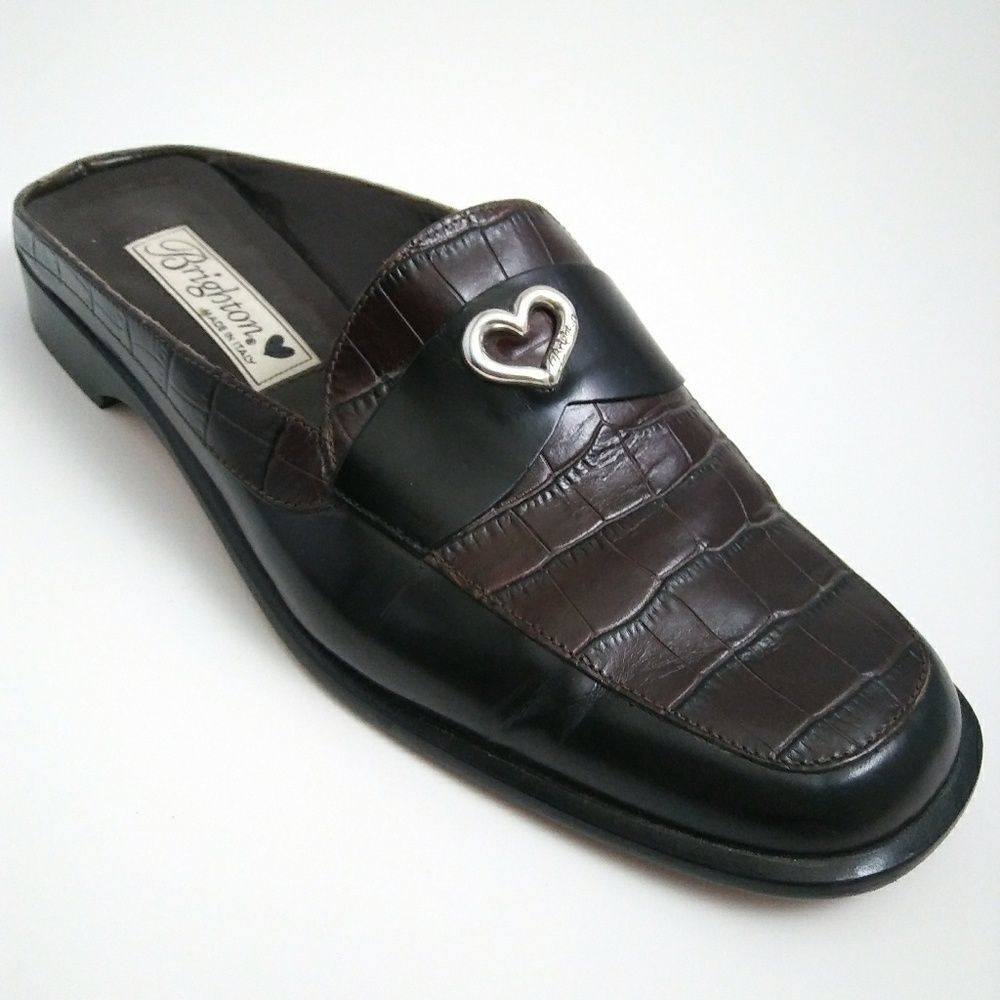 BRIGHTON Womens Jade Slide Shoes 7.5 Slip On Close Toe Black Brown Leather